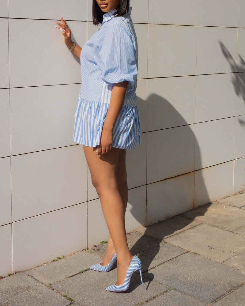 Stripe Patchwork Half Sleeve Shirt ANDF 1542