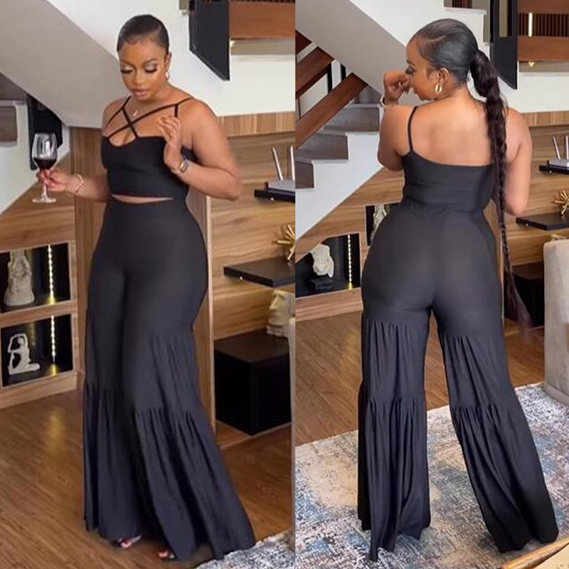 Plus Size Solid Sling Vest And Flare Pants Two Piece Set NY K2806