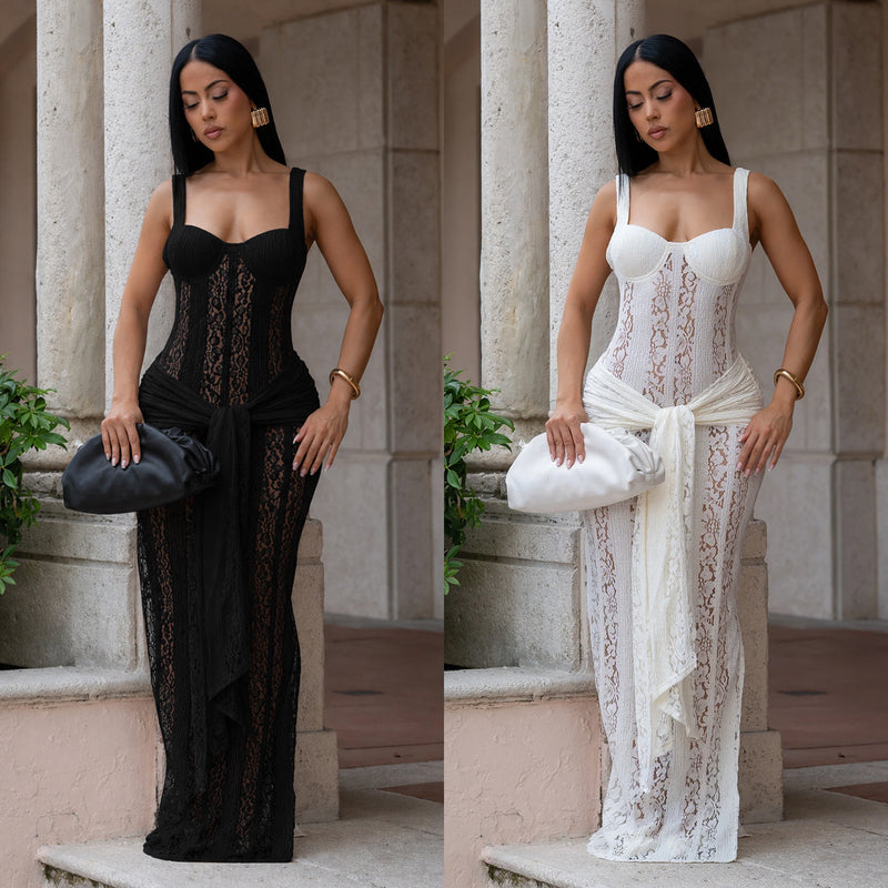 See Through Lace Sling Maxi Dress BY 7705