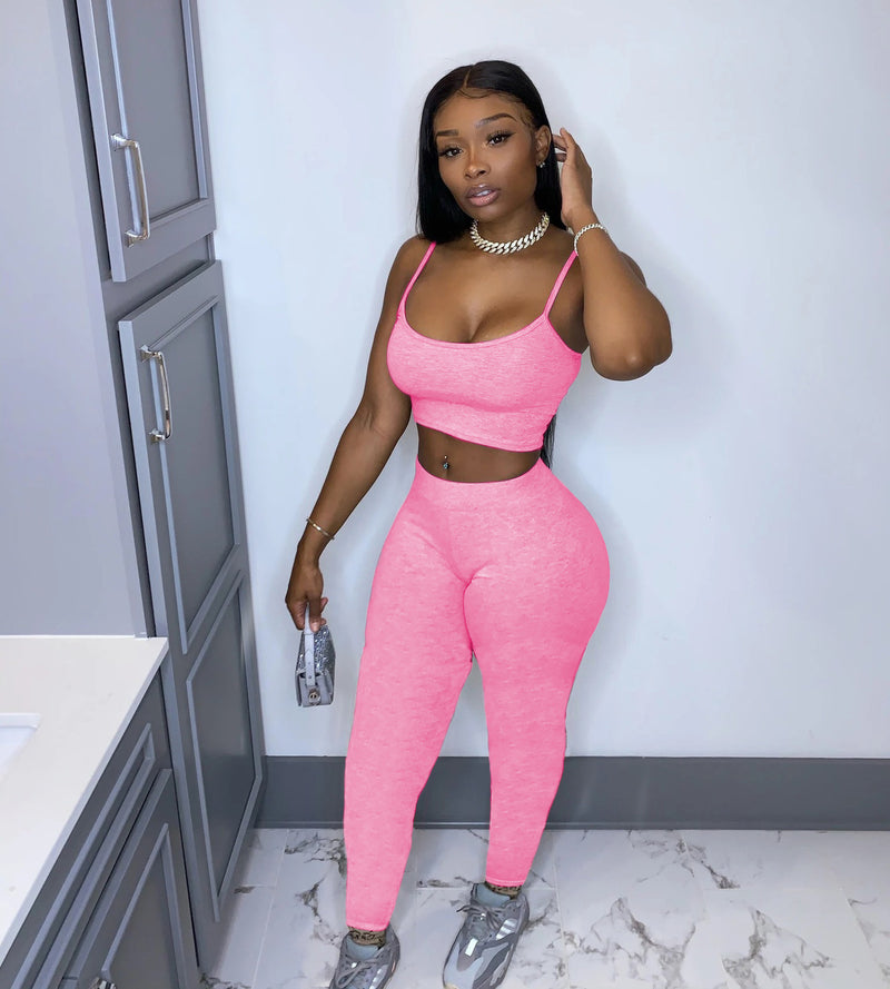 Solid Cami Tops Tight Pants Fitness Two Piece Sets SHD 9285