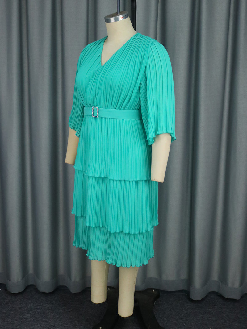 Plus Size Belt Press Pleated Cake Midi Dress GKEN AM040936