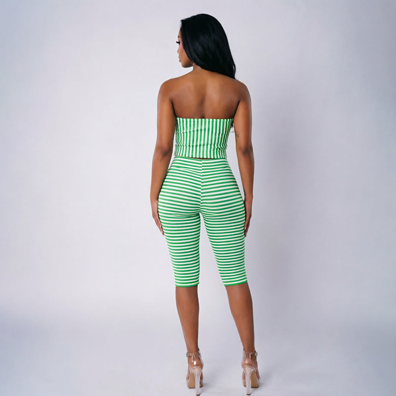 Stripe Print Warp Chest Top Seventh Pants Suit MXBF J26ST301