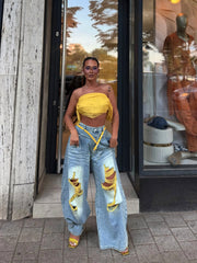 Denim Print Holes Contrast Color Wide Leg Pants Without Belt SH 391662