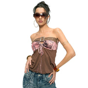 Adjustable Buckle Patchwork Drawstring Butterfly T shirt MXBF Q25TP199