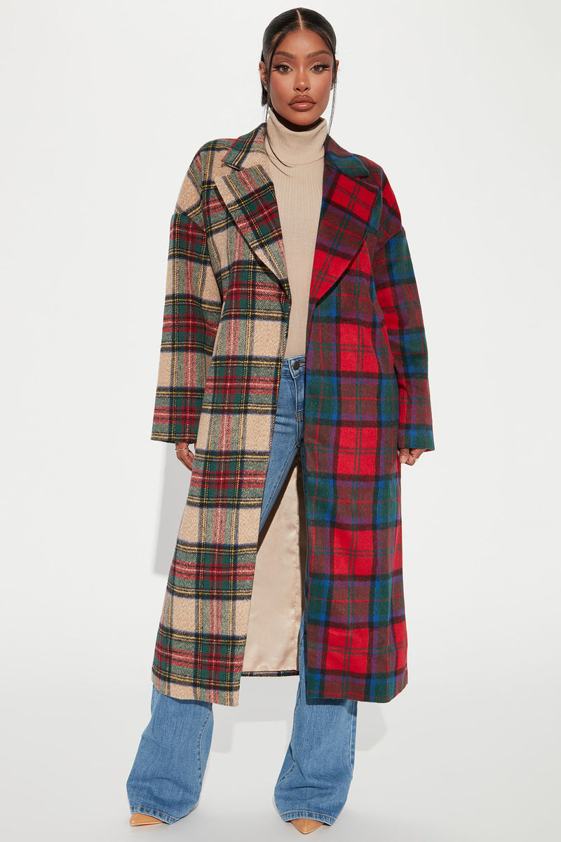 Plaid Color Blocking Long Sleeve Long Coat ZDF 31303