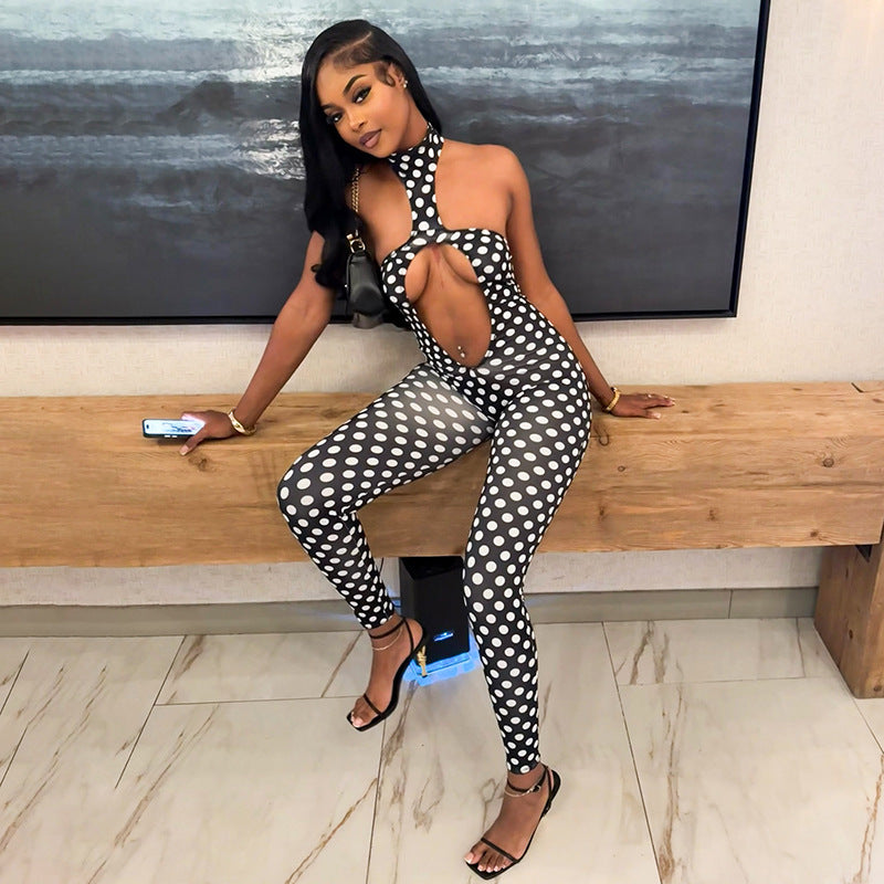 Polka Dots Print Backless Tight Jumpsuit GDSF D26JP107