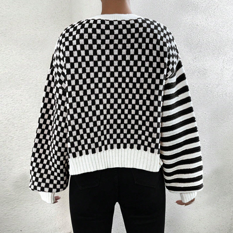 Plaid Patchwork Stripe Knits Coats GDAM 1027