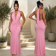 Deep V Neck Solid Color Ruched Maxi Dress BY 7789