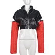 PU Leather Contrast Color Splicing Zipper Short Jacket GBTF 7307