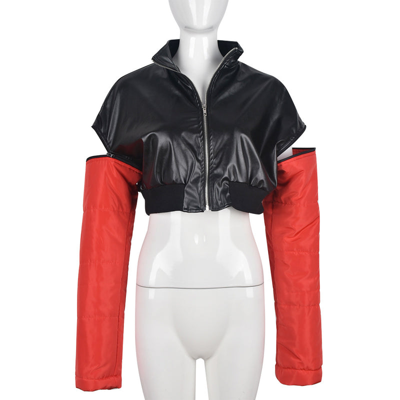 PU Leather Contrast Color Splicing Zipper Short Jacket GBTF 7307