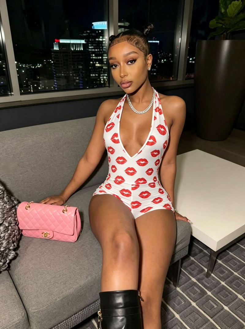 Deep V Neck Lips Print Romper GTGE MH1004