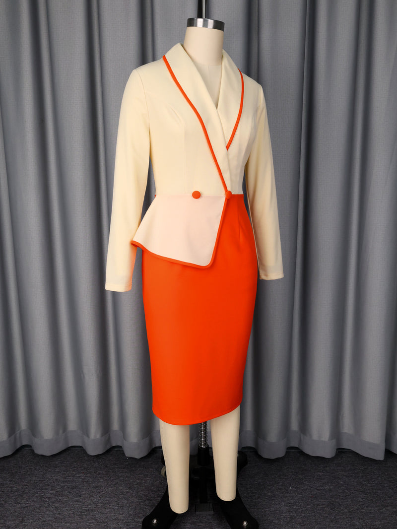 Plus Size Color Block Long Sleeve Midi Dress GKEN ADR051131
