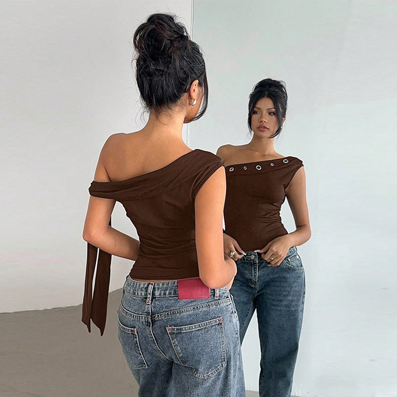 Slash Shoulder Solid Color T Shirt LJSF T5C20916X