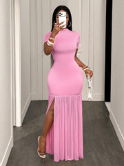 Solid Color Short Sleeve Split Maxi Dress GHYX TXY5458