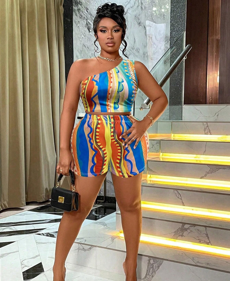 Single Shoulder Print Two Piece Shorts Set GBGF 5022