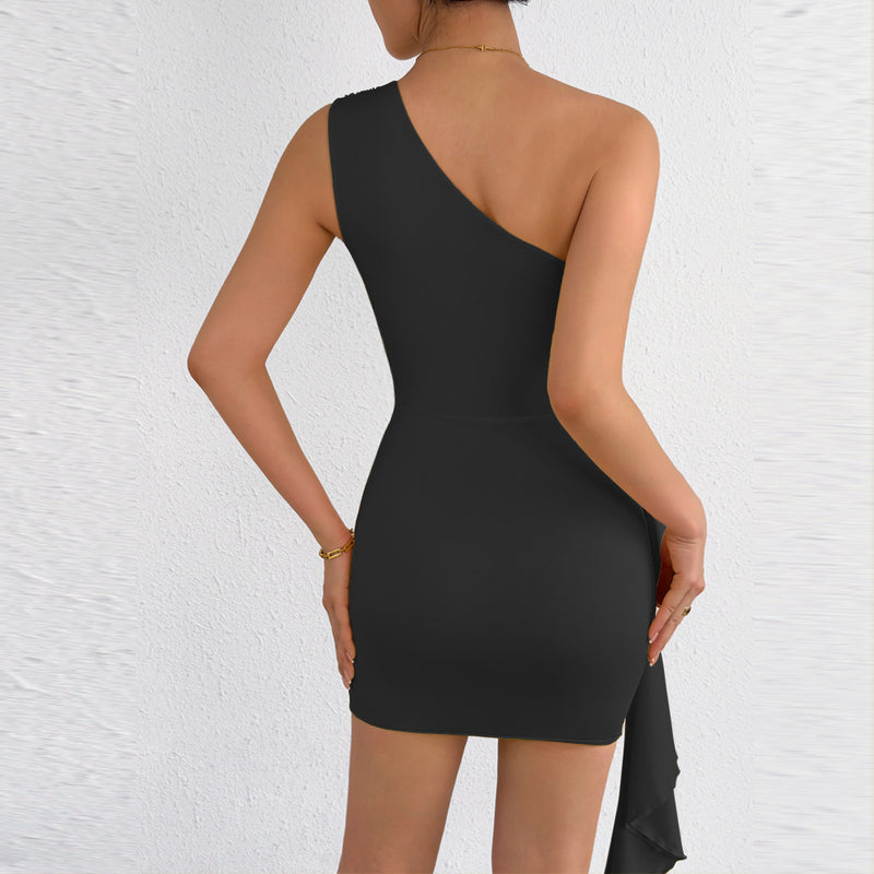 Single Shoulder Solid Color Mini Dress YMYF 9574