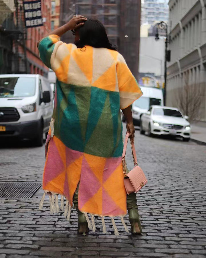 Casual Color Blocking Tassel Knit Coat TR 1291