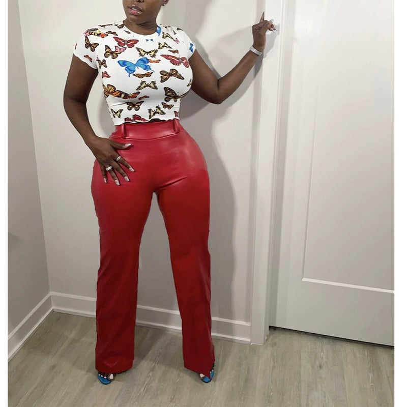 Solid Color Loose Wide Leg Leather Pants BN 313