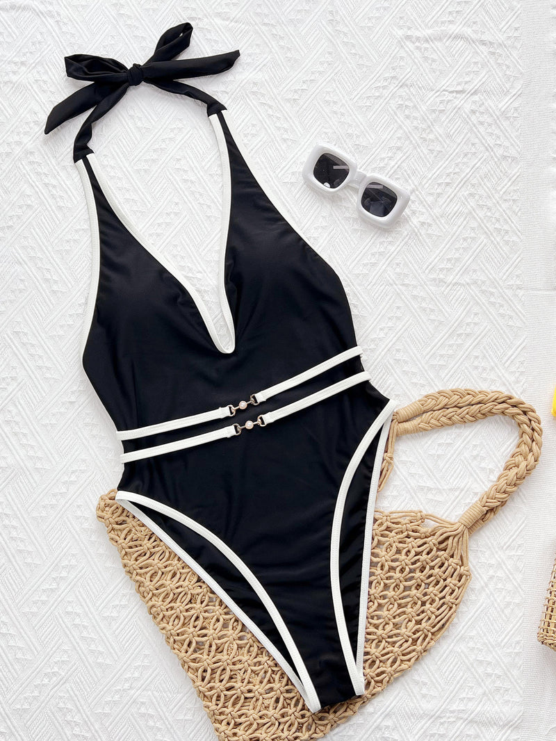 Contrast Color Backless One Piece Swimsuit CSYZ G333RY