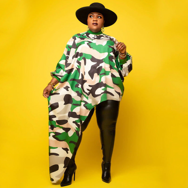 Plus Size Print Irregular Long Sleeve Long Dress NNWF 7084