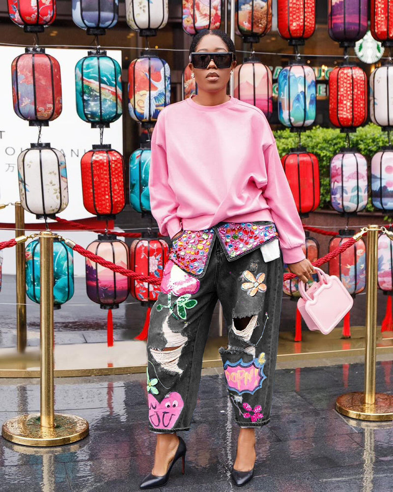 Plus Sizse Hot Drill Print Holes Loose Jeans OD 8685