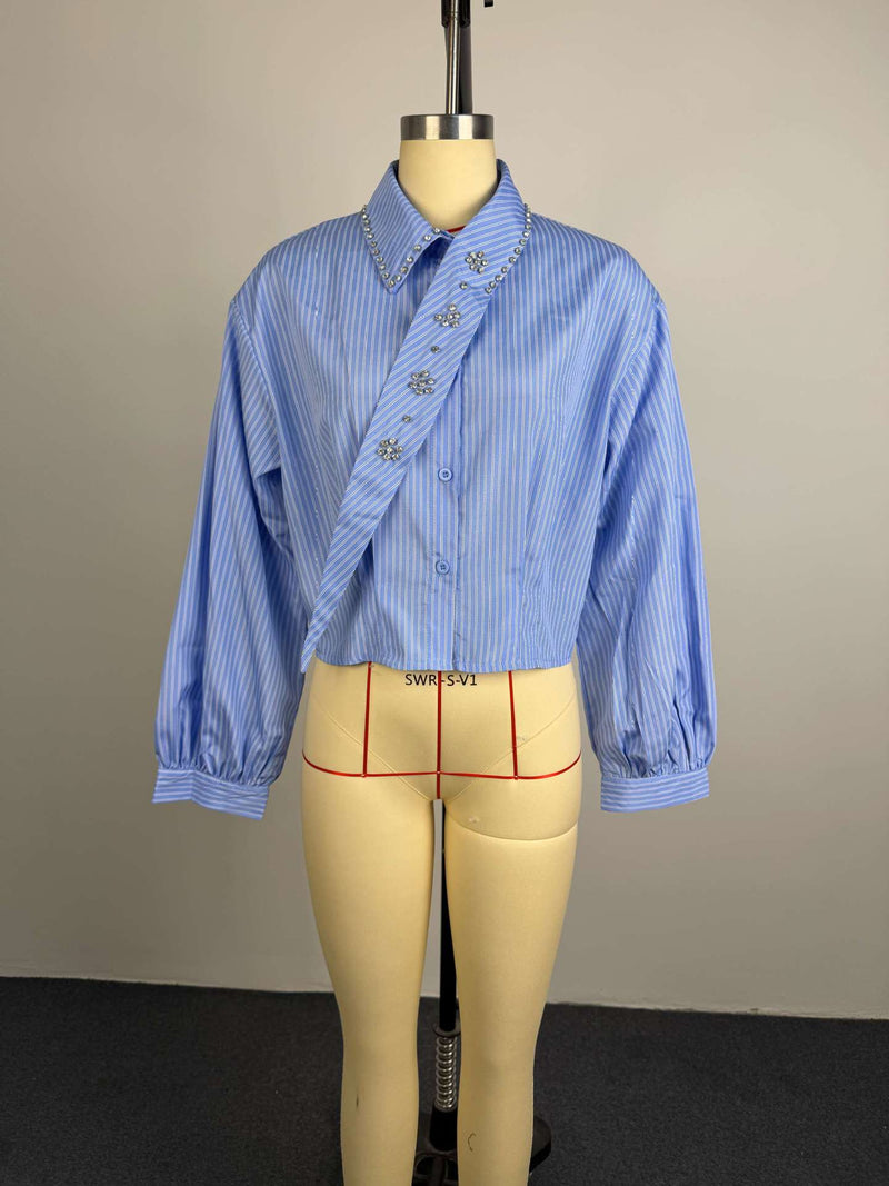 Diamond Studded Sriped Long Seeve Shirt GCNE 75694
