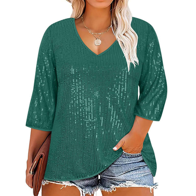 Plus Size Casual Sequin V Neck T Shirt GOSD 1554