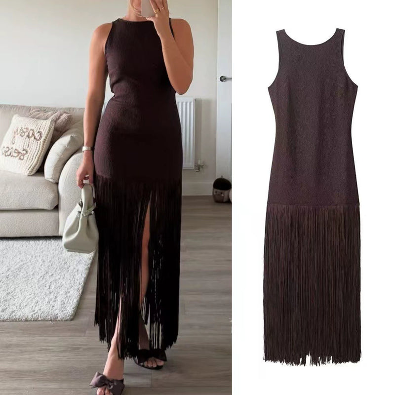 Solid Color Sleeveless Tassel Maxi Dress GMYU 11249
