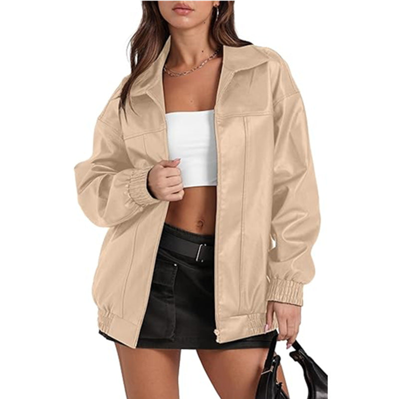 Long Sleeve Collared Zipper PU Leather Jacket GYOU CX830