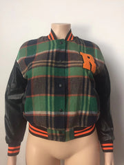 Plus Size Embroidered Ribbed PU Patchwork Baseball Jacket GAWE 5611