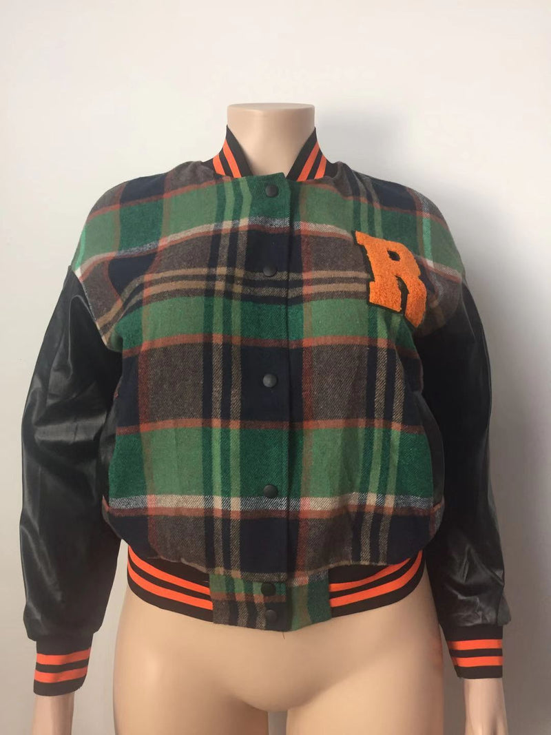 Plus Size Embroidered Ribbed PU Patchwork Baseball Jacket GAWE 5611