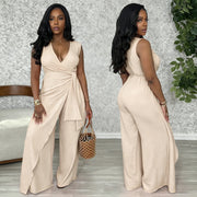 V Neck Sleeveless Solid Jumpsuit BY 7786