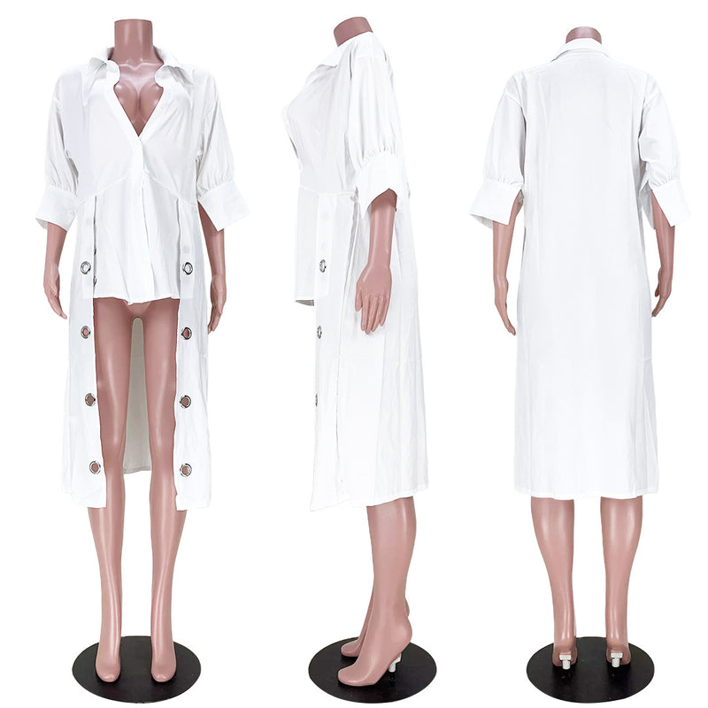 White 3 4 Sleeve High Low Hole Irregular Blouse Without Belt ASL 6501