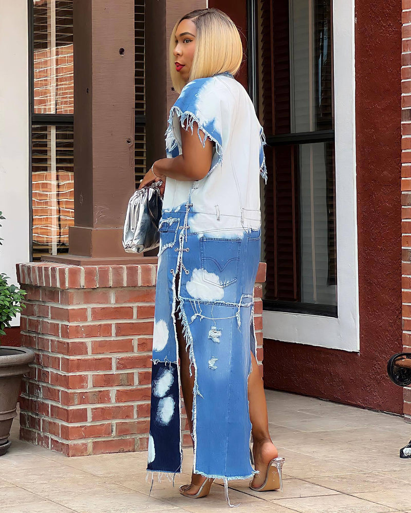 Fashion Chain Patchwork Sleeveless Denim Split Long Coat CM 8696