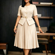 Plus Size Solid Color Patchwork Press Pleated Midi Dress GATE 633