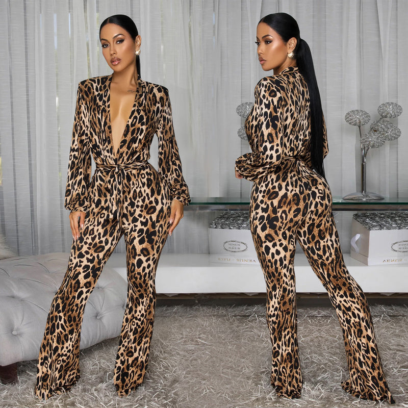 Leopard Print V Neck Jumpsuit BY 7586