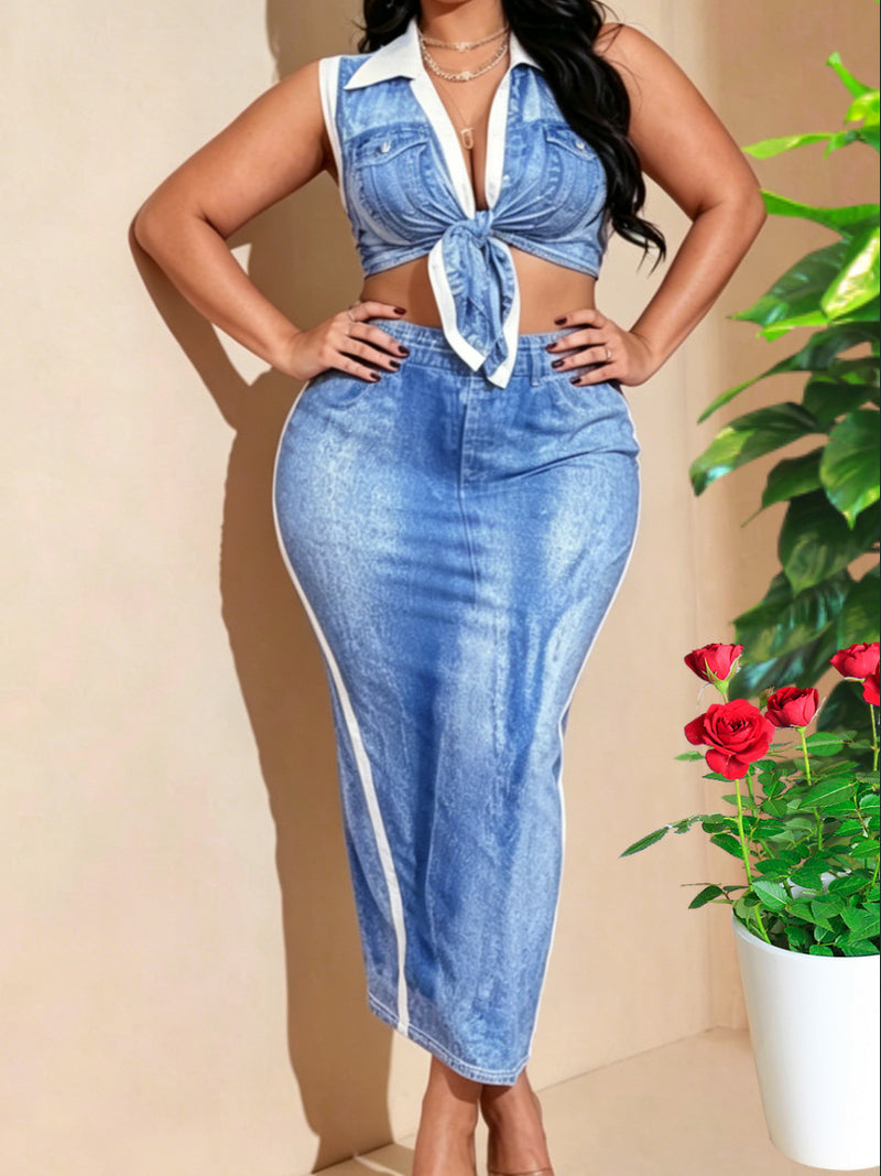 Plus Size Print Sleeveless V Neck Two Piece Skirts Set GAWE 6632