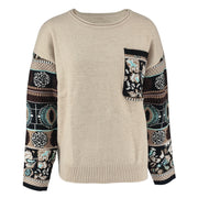 Loose Print Color Block Knits Tops GDAM 7198
