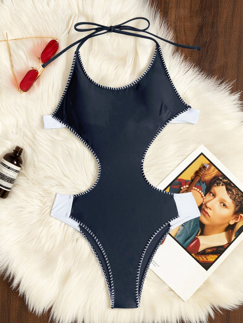 Sexy Color Block Tie Up One Piece Swimsuit CASF 6795