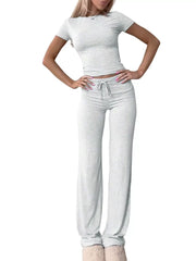 Solid Color Short Sleeve Sports Two Piece Pants Set GYWO 55007