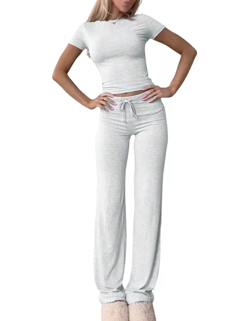 Solid Color Short Sleeve Sports Two Piece Pants Set GYWO 55007