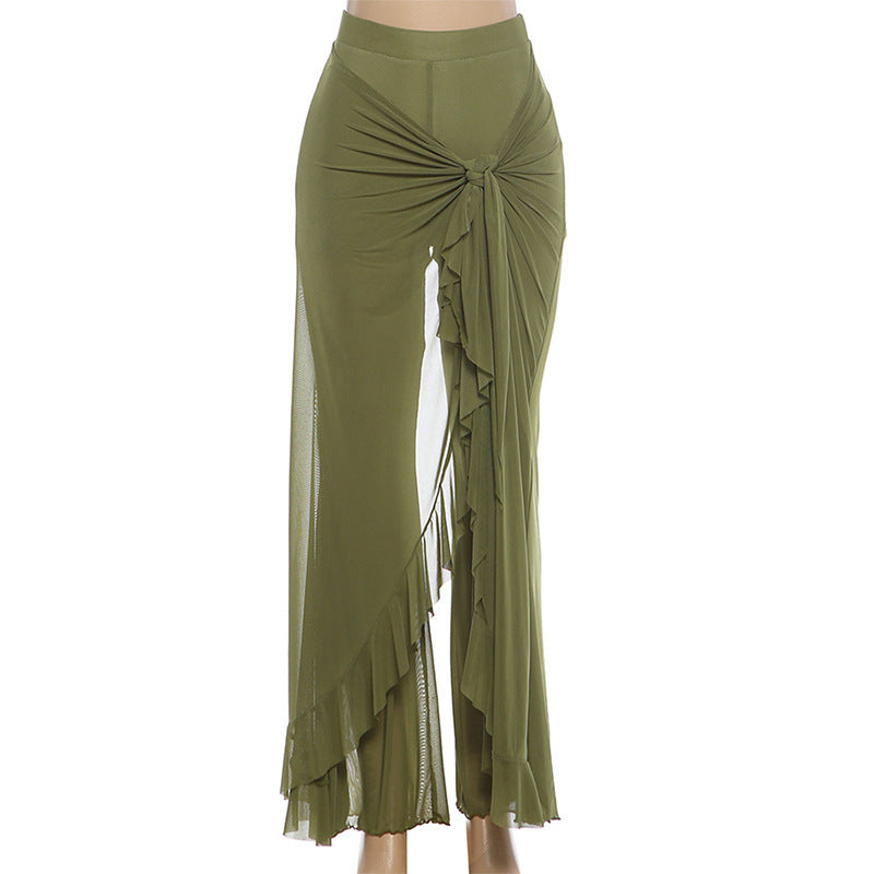 Mesh Patchwork Solid Color Ruffles Pants GYME K6P16088A