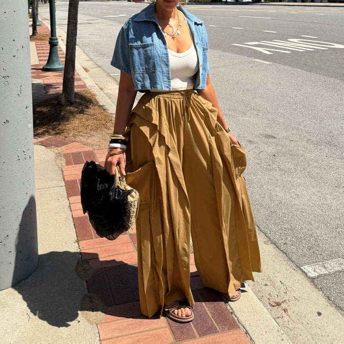 Solid Color Patchwork Wide Leg Pants AIL 350