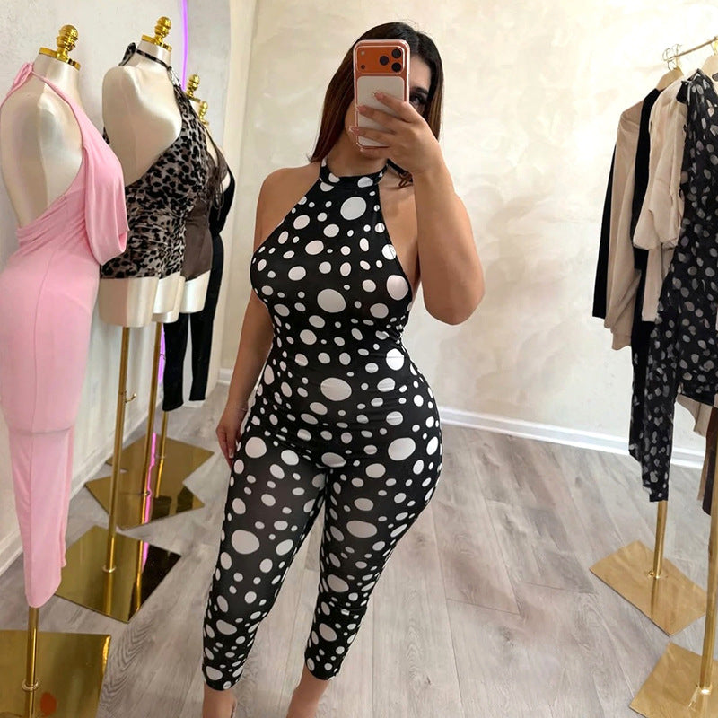 Polka Dots Print Tie Up Backless Jumpsuit GDSF D26JP077
