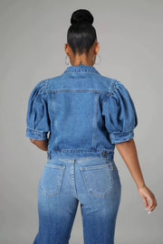 Plus Size Half Puff Sleeve Denim Jacket XCFF 1066