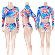 Floral Print Swimsuits 2pcs Long Sleeve Bikinis Set ASL 6178