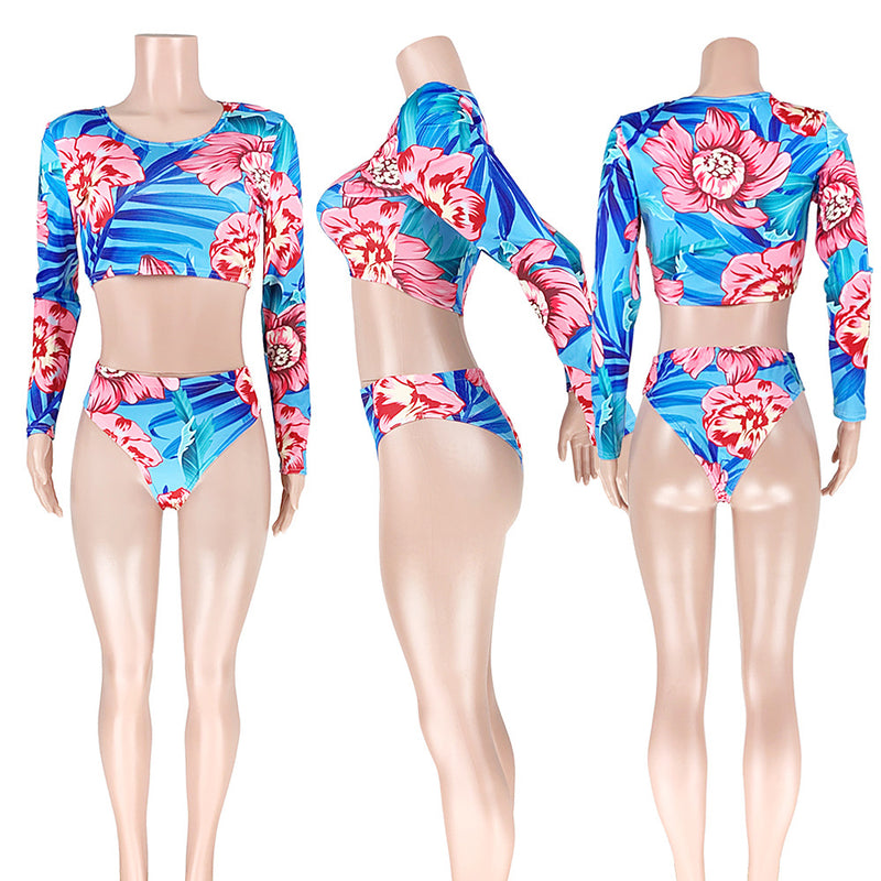 Floral Print Swimsuits 2pcs Long Sleeve Bikinis Set ASL 6178