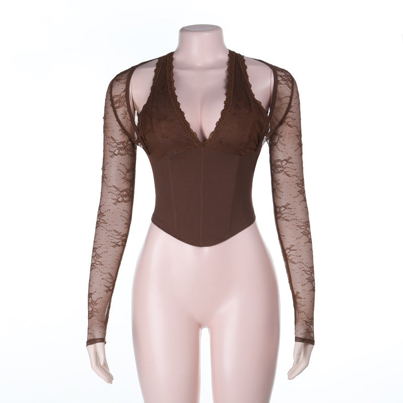 Long Sleeve Lace Halterneck T Shirt FL 25316