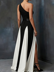 Single Shoulder Contrast Color Split Maxi Dress GWDS 260404