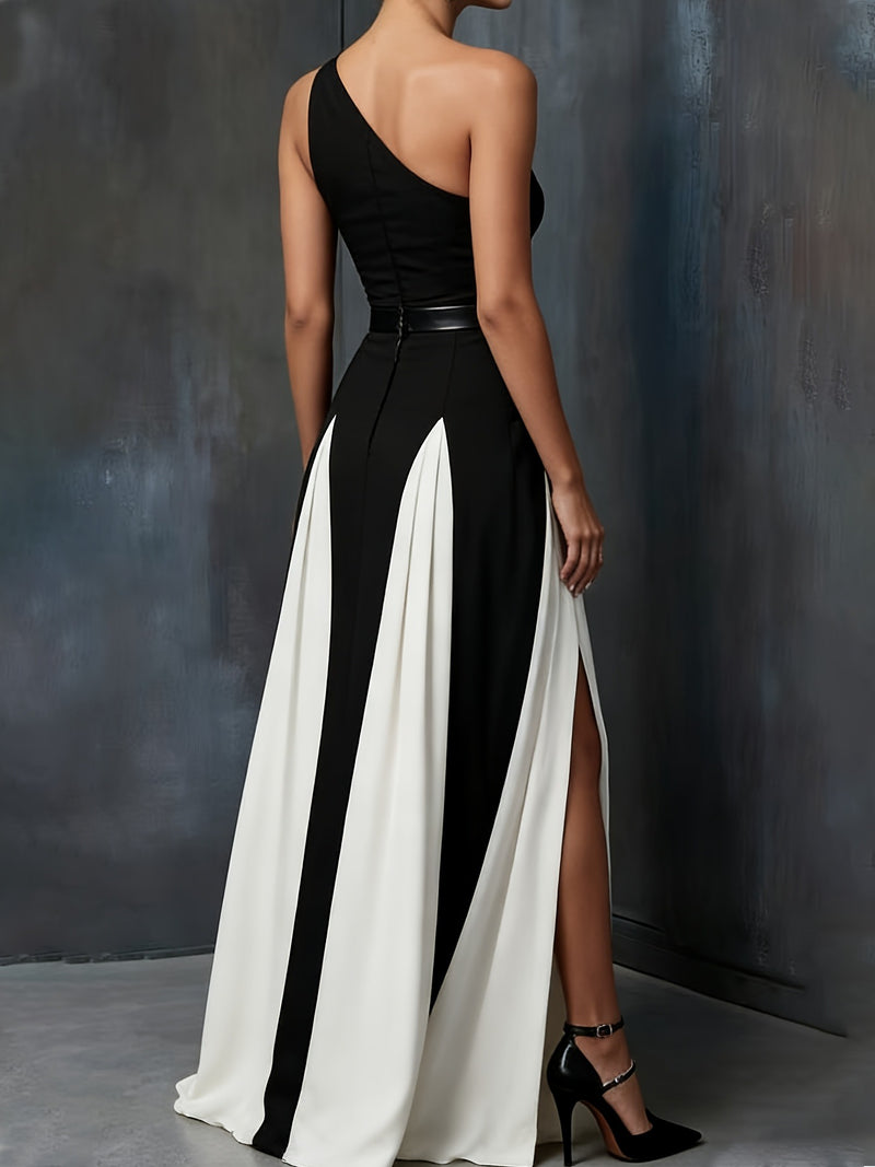 Single Shoulder Contrast Color Split Maxi Dress GWDS 260404